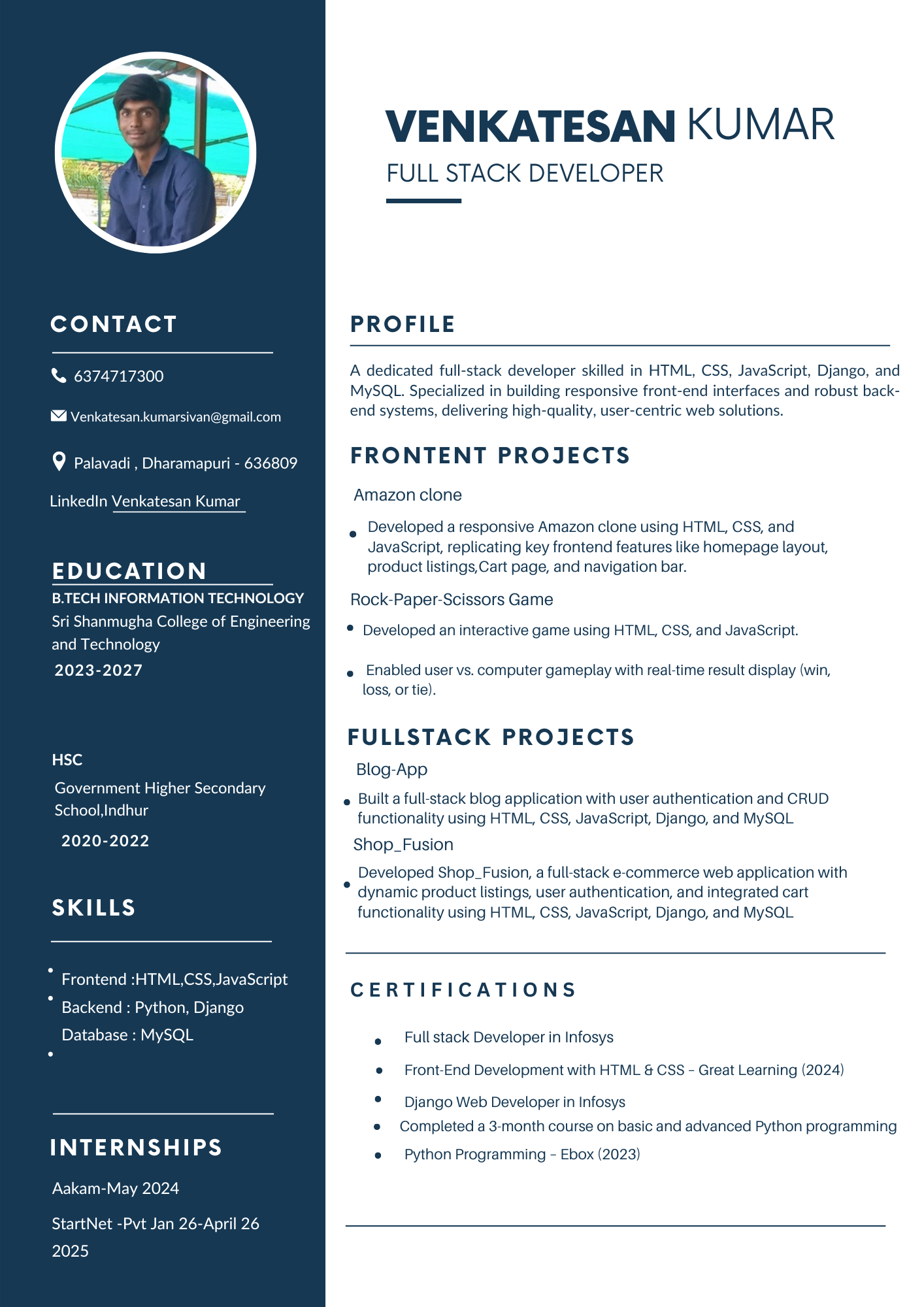 Venkatesan Kumar | Full Stack Developer
